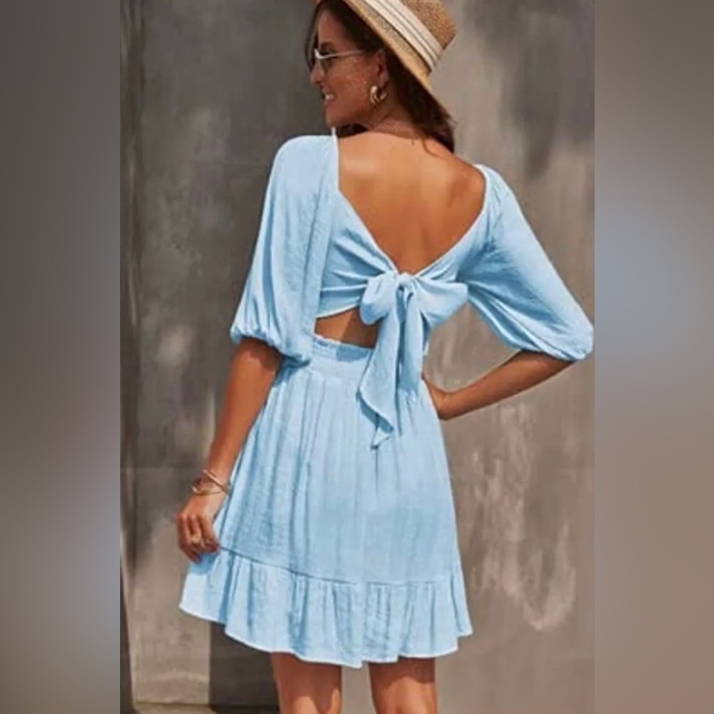Exlura Baby Blue Smocked Balloon Sleeve Dress Size M NWT